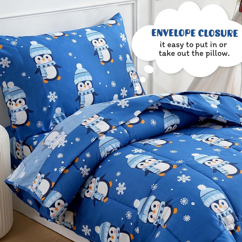 JSD Christmas Toddler Bedding Set, 4 Piece Blue Penguin Snowflakes Bed-in-Bag Comforter Sheet Set, Machine Washable - Image 5